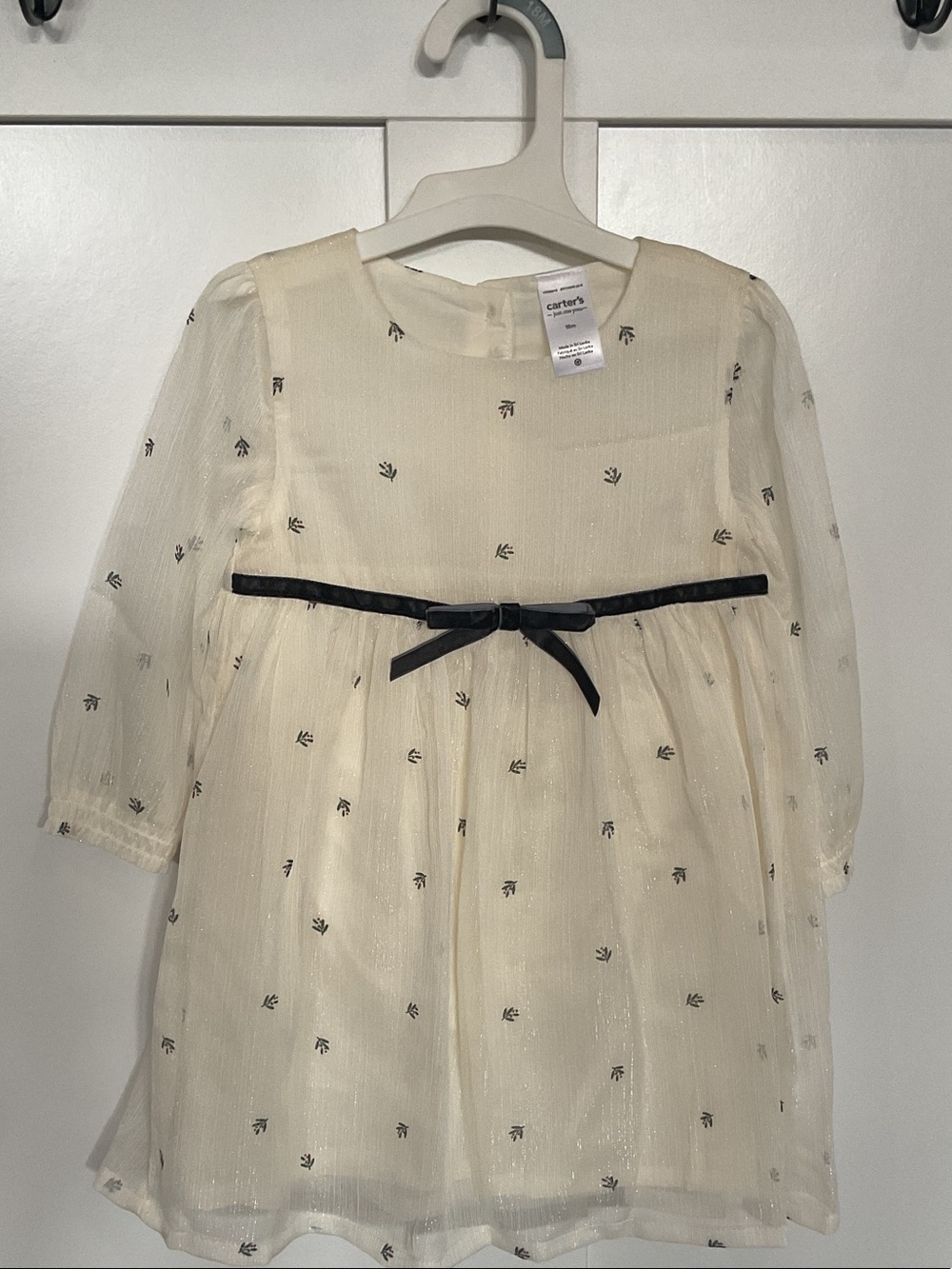 Carter's Ivory Dress with Black Ribbon Accent